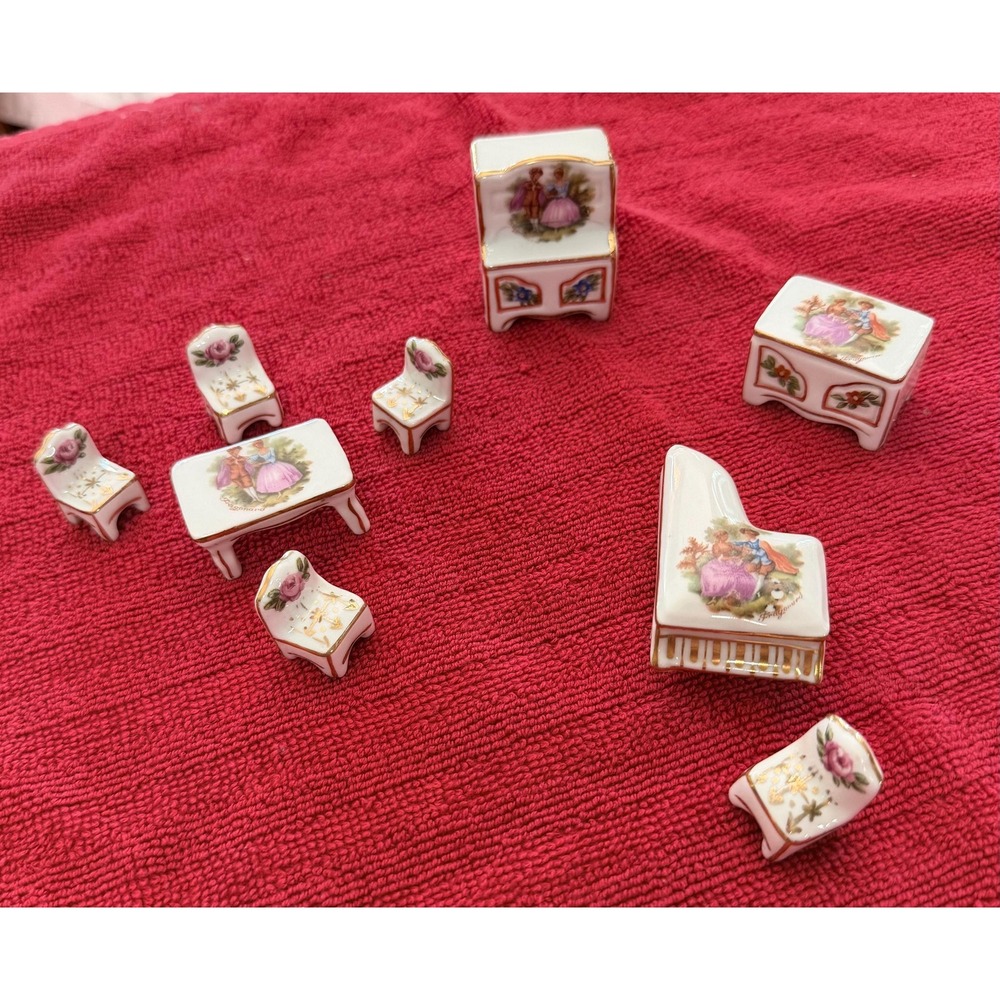 Limoges French Porcelain Miniature Furniture Set 9 Pieces Gold Gilt